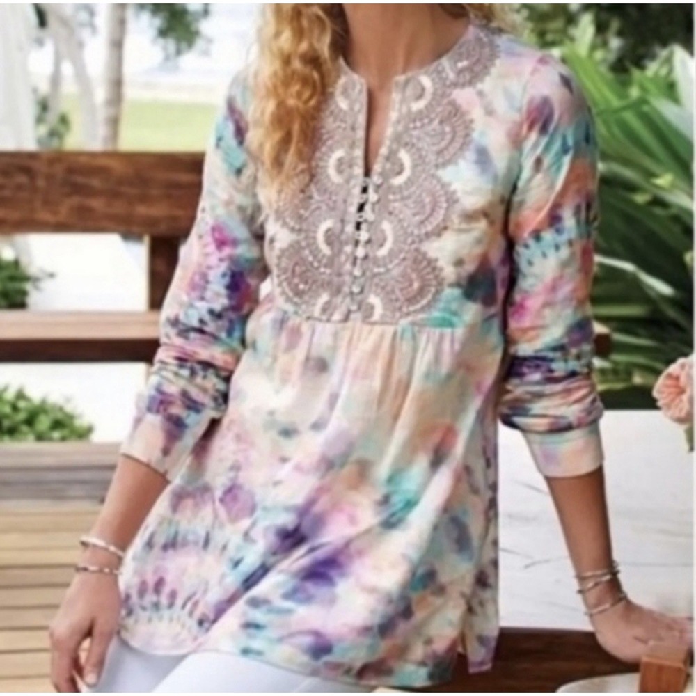 Soft Surroundings Bazille Tunic Size 1X Pastel Tie-Dye Beaded Embroidered‎ Top